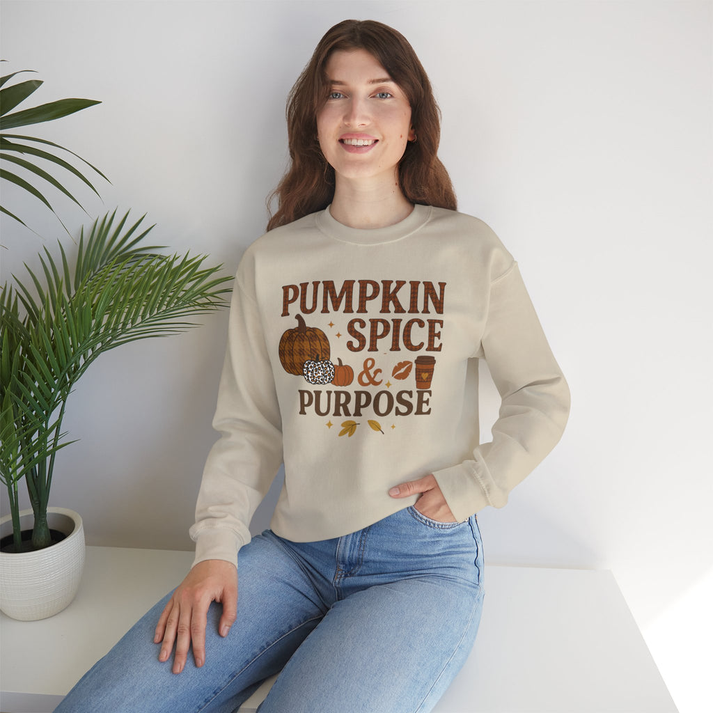 Pumpkin Spice & Purpose Crewneck Sweatshirt | Cozy Fall Apparel, Autumn Fashion, Gift for Pumpkin Lovers, Thanksgiving Outfit, Seasonal Wear