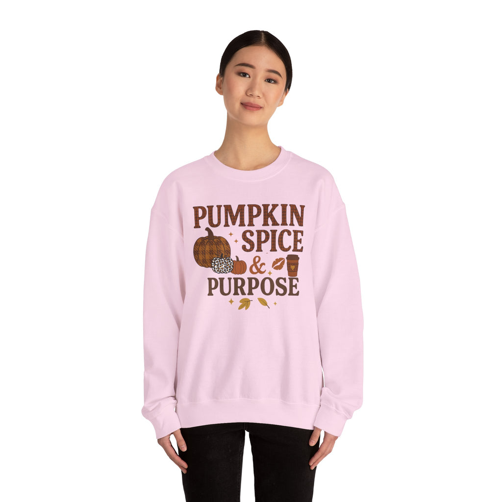 Pumpkin Spice & Purpose Crewneck Sweatshirt | Cozy Fall Apparel, Autumn Fashion, Gift for Pumpkin Lovers, Thanksgiving Outfit, Seasonal Wear