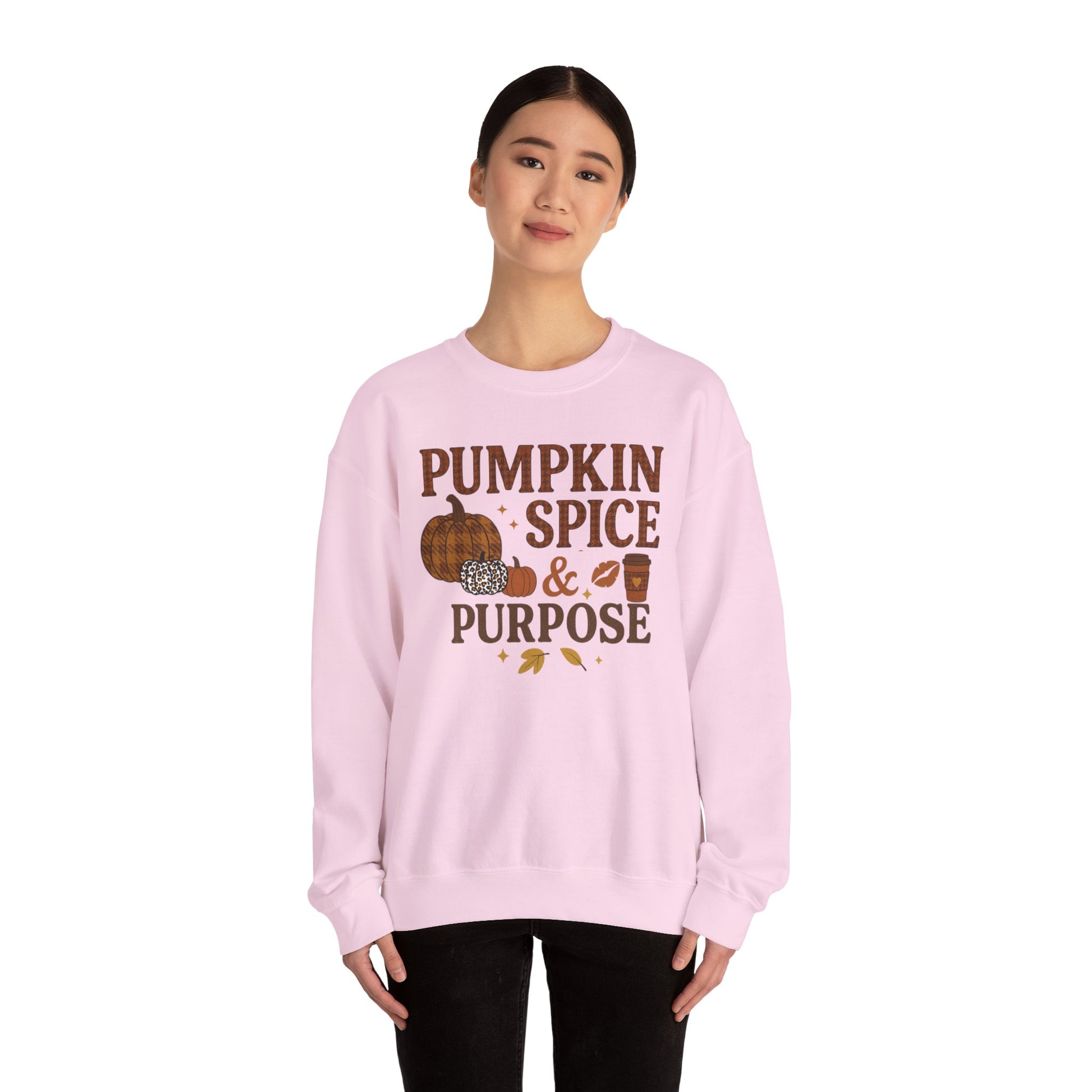 Pumpkin Spice & Purpose Crewneck Sweatshirt | Cozy Fall Apparel, Autumn Fashion, Gift for Pumpkin Lovers, Thanksgiving Outfit, Seasonal Wear