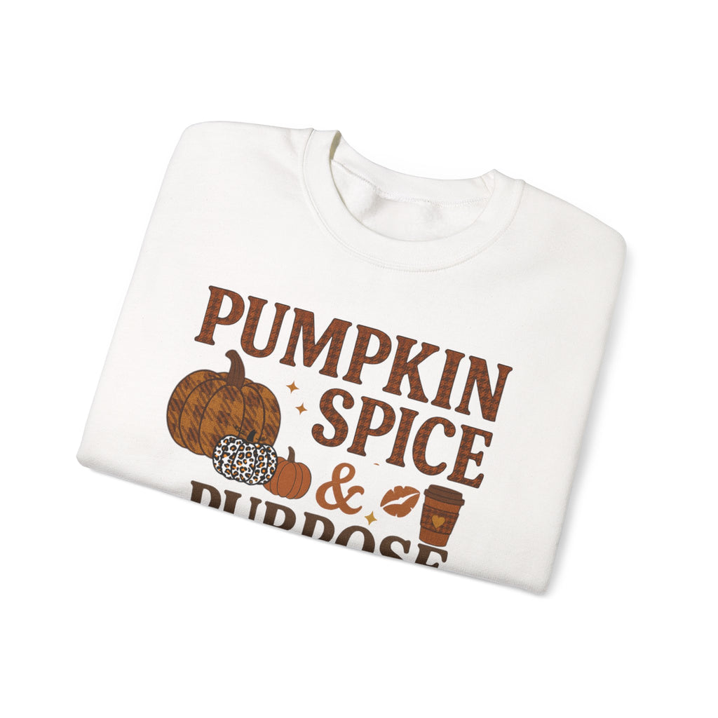 Pumpkin Spice & Purpose Crewneck Sweatshirt | Cozy Fall Apparel, Autumn Fashion, Gift for Pumpkin Lovers, Thanksgiving Outfit, Seasonal Wear