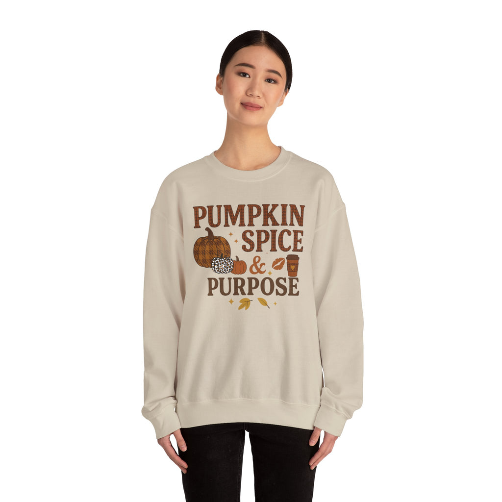 Pumpkin Spice & Purpose Crewneck Sweatshirt | Cozy Fall Apparel, Autumn Fashion, Gift for Pumpkin Lovers, Thanksgiving Outfit, Seasonal Wear