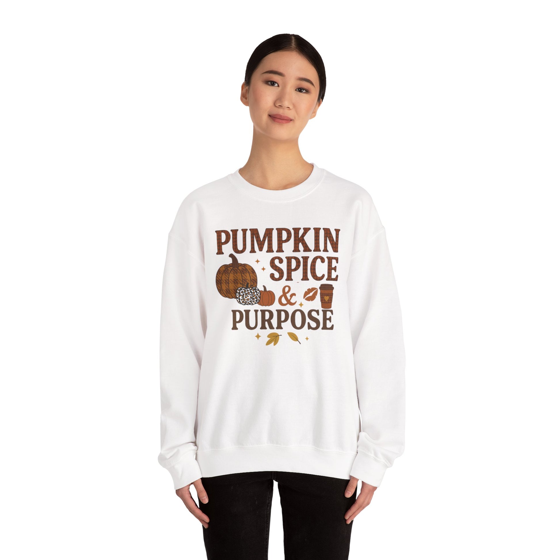 Pumpkin Spice & Purpose Crewneck Sweatshirt | Cozy Fall Apparel, Autumn Fashion, Gift for Pumpkin Lovers, Thanksgiving Outfit, Seasonal Wear